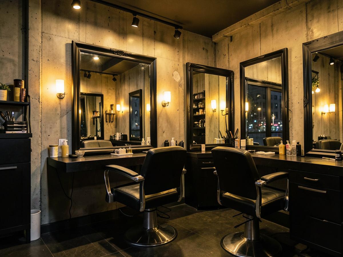 Salão da barbearia com cadeiras de couro preto